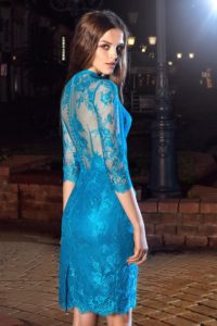Style #212, knee length lace cocktail dress features hign neckline, 3/4 sleeves and illusion button up back, available in cool blue (photo), ivory, black on nude lining, orange on nude lining, black-pink