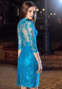 Style #212, knee length lace cocktail dress features hign neckline, 3/4 sleeves and illusion button up back, available in cool blue (photo), ivory, black on nude lining, orange on nude lining, black-pink