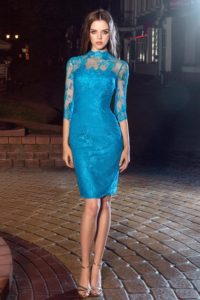 Style #212, knee length lace cocktail dress features hign neckline, 3/4 sleeves and illusion button up back, available in cool blue (photo), ivory, black on nude lining, orange on nude lining, black-pink