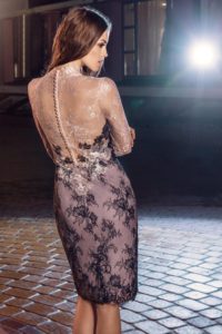 Style #212, knee length lace cocktail dress features hign neckline, 3/4 sleeves and illusion button up back, available in cool blue, ivory, black on nude lining, orange on nude lining, black-pink (photo)