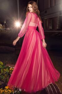 Style #217, long sleeves A-line evening gown with embroidery and beading on the top, available in black, ivory, pink-ivory and nude