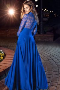 Style #220, long sleeve evening gown features lace button up top with a floor length flowy skirt, available in cornflower-blue, nude, dark green