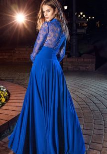 Style #220, long sleeve evening gown features lace button up top with a floor length flowy skirt, available in cornflower-blue, nude, dark green