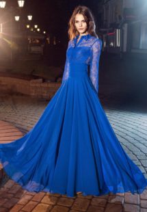 Style #220, long sleeve evening gown features lace button up top with a floor length flowy skirt, available in cornflower-blue, nude, dark green