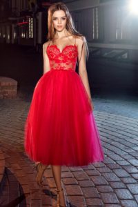 Style #223, spaghetti straps cocktail dress with bustier lace top and long or midi tulle skirt, ball gown style, available in red, ivory