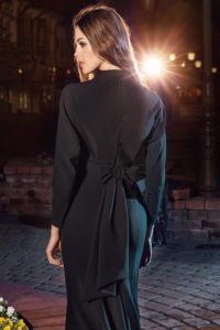 Style #224b, long sleeve floor length evening gown with a high neckline and closed back, available in ivory, pink-ivory, black-ivory, black, red, light blue, green and cornflower-blue