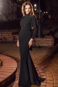 Style #224b, long sleeve floor length evening gown with a high neckline and closed back, available in ivory, pink-ivory, black-ivory, black, red, light blue, green and cornflower-blue