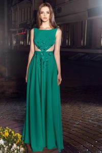 Style #225, floor length evening gown features cut sides, flower embroidery and boat neckline, available in black, red, ivory, light blue, green, cornflower-blue and pink-ivory