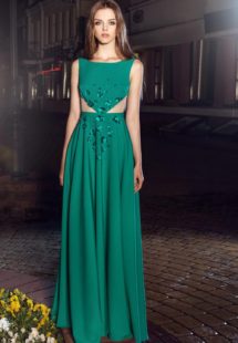 Style #225, floor length evening gown features cut sides, flower embroidery and boat neckline, available in black, red, ivory, light blue, green, cornflower-blue and pink-ivory