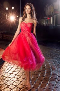 Style #226b, strapless A-line cocktail dress with midi pleated tulle skirt and flower embroidery, available in cornflower-blue, nude, salmon, turquoise, sky-blue, cool blue, grey, crimson, red, coral, ivory, green and ivory-salmon
