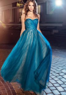 Style #226c, strapless A-line evening dress with maxi pleated tulle skirt and flower embroidery, available in cornflower-blue, nude, salmon, turquoise, sky-blue, cool blue, grey, crimson, red, coral, ivory, green and ivory-salmon