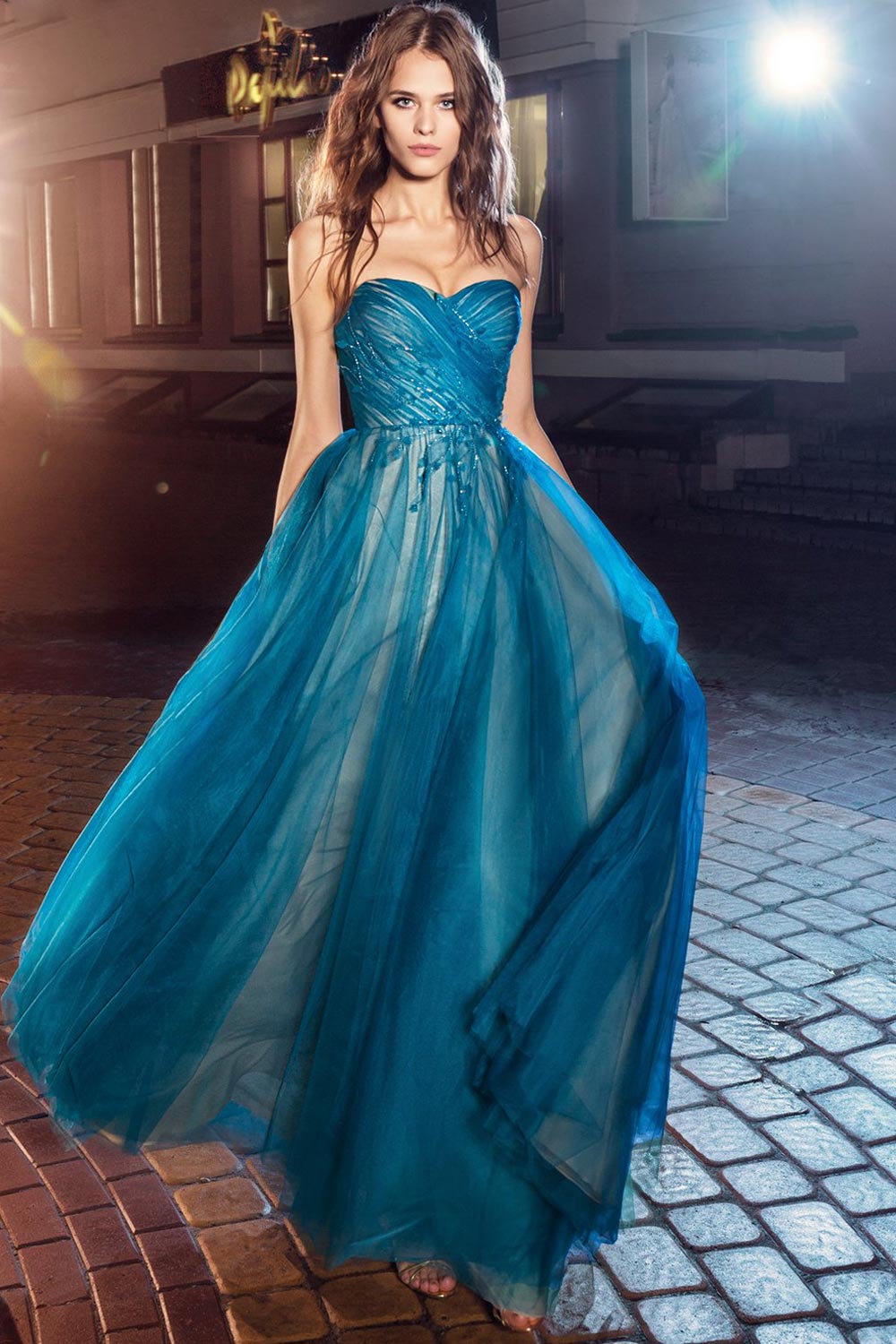 Style #226c, strapless A-line evening dress with maxi pleated tulle skirt and flower embroidery, available in cornflower-blue, nude, salmon, turquoise, sky-blue, cool blue, grey, crimson, red, coral, ivory, green and ivory-salmon