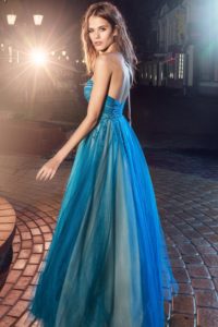 Style #226c, strapless A-line evening dress with maxi pleated tulle skirt and flower embroidery, available in cornflower-blue, nude, salmon, turquoise, sky-blue, cool blue, grey, crimson, red, coral, ivory, green and ivory-salmon