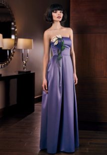 Style #300, strapless sheath style evening gown with handmade 3-D flower décor and side pockets, available in tanzanite, gray, black, purple and eggplant