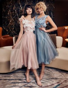 Style #311b, a-line tea length cocktail dress with illusion neckline and 3-D floral decor, available in ivory, gray-blue and ivory-pink
