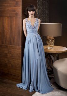 Style #326, illusion V-neck evening dress with floral embroidery down the top, available in gray-blue and ivory