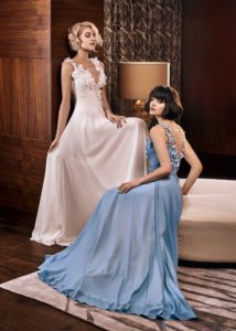 Style #326, illusion V-neck evening dress with floral embroidery down the top, available in ivory, blue, pink, blush, red, black, yellow, green, mint