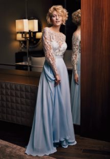 Style #327, long sleeve evening gown with illusion plunging neckline and simple chiffon skirt, available in sky-blue and ivory