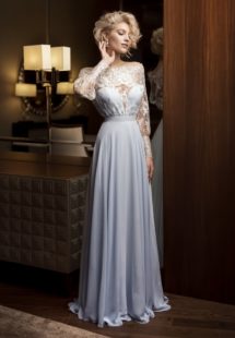 Style #327, long sleeve evening gown with illusion plunging neckline and simple chiffon skirt, available in sky-blue and ivory