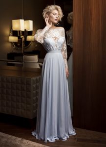 Style #327, long sleeve evening gown with illusion plunging neckline and simple chiffon skirt, available in sky-blue and ivory