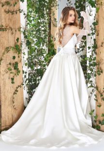 Style #1800L, satin ball gown wedding dress, designed with illusion plunging neckline, low back, and sequined lace embroidery on top, available in ivory