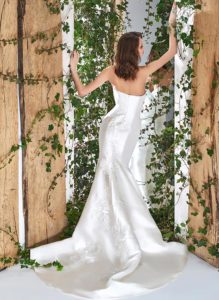 Style #1801L, strapless mikado mermaid wedding dress with sweetheart neckline and lace embroidery , available in ivory