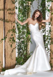 Style #1801L, strapless mikado mermaid wedding dress with sweetheart neckline and lace embroidery, available in ivory
