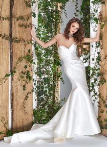 Style #1801L, strapless mikado mermaid wedding dress with sweetheart neckline and lace embroidery, available in ivory