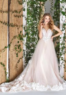 Style #1803L, sleeveless ball gown wedding dress with illusion sweetheart neckline and lace embroidery, available in ivory and powder