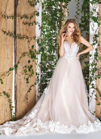 Style #1803L, sleeveless ball gown wedding dress with illusion sweetheart neckline and lace embroidery, available in ivory and powder