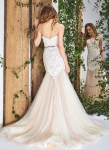 Style #1804L, lace fit and flare wedding dress with sweetheart neckline,spaghetti straps, and tulle skirt, available in ivory and powder