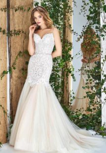 Style #1804L, lace fit and flare wedding dress with sweetheart neckline,spaghetti straps, and tulle skirt, available in ivory and powder