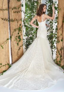 Style #1806L, sequined lace fit and flare wedding dress with sweetheart neckline and spaghetti straps, available in ivory and cream