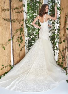 Style #1806L, sequined lace fit and flare wedding dress with sweetheart neckline and spaghetti straps, available in ivory and cream