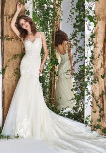 Style #1806L, sequined lace fit and flare wedding dress with sweetheart neckline and spaghetti straps, available in ivory and cream