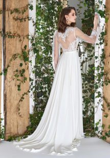 Style #1807L, sheath long sleeve wedding dress features illusion back, deep v-neck and chiffon skirt, available in ivory