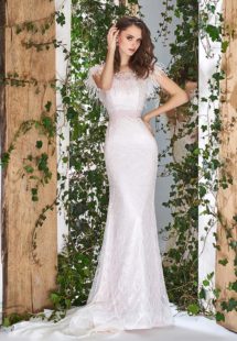 Style #1808L, lace off-the-shoulder wedding dress with feathers at the illusion neckline, available in light pink