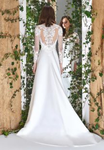 Style #1809L, long sleeve modified a-line wedding dress with illusion neckline and low back, lace embroidered top and satin skirt, available in ivory