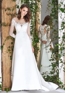 Style #1809L, long sleeve modified a-line wedding dress with illusion neckline and low back, lace embroidered top and satin skirt, available in ivory