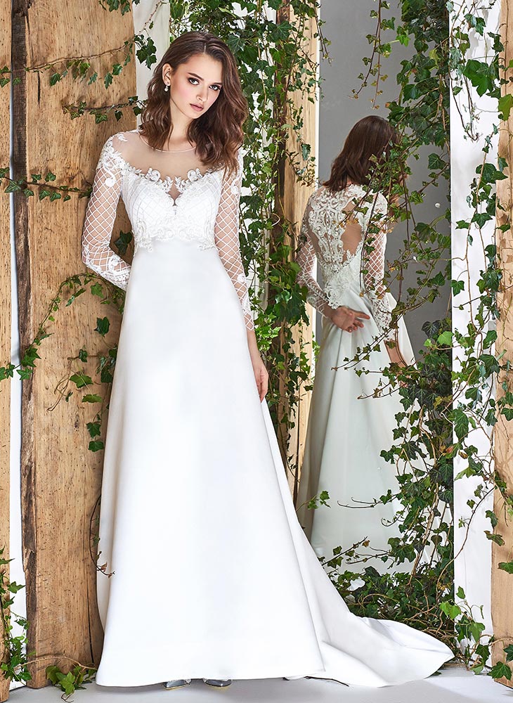 Style #1809L, long sleeve modified a-line wedding dress with illusion neckline and low back, lace embroidered top and satin skirt, available in ivory