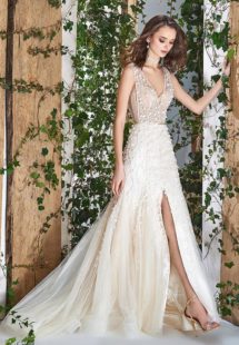 Style #1811L, sleeveless fit and flare wedding dress with deep v neck, 3-D floral embroidery and slit down the skirt, available in ivory and ivory-nude