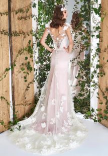 Style #1815L, cap sleeve wedding gown, designed with illusion sweetheart neckline and v-back, 3-D flower decor and lace embroidery, available in ivory and ivory-pink