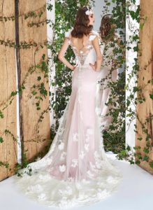 Style #1815L, cap sleeve wedding gown, designed with illusion sweetheart neckline and v-back, 3-D flower decor and lace embroidery, available in ivory and ivory-pink