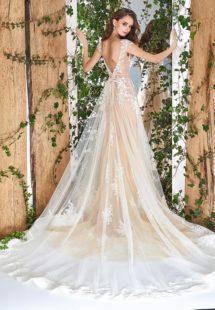 Style #1817L, lace wedding dress with illusion plunging neckline, open back, and tulle overlay, available in ivory and caramel