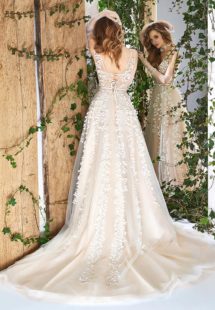 Style #1818L, plunging neckline a-line wedding dress with handmade 3-D floral embroidery down the skirt, available in ivory and caramel