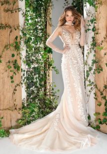 Style #1818L, plunging neckline a-line wedding dress with handmade 3-D floral embroidery down the skirt, available in ivory and caramel