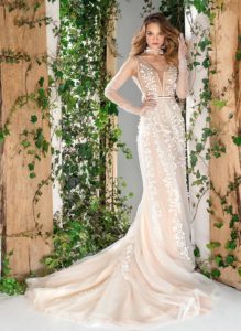 Style #1818L, plunging neckline a-line wedding dress with handmade 3-D floral embroidery down the skirt, available in ivory and caramel