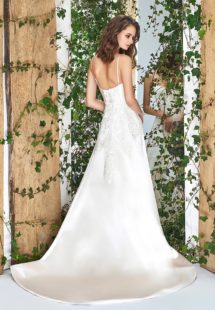 Style #1822L, satin fit and flare wedding dress with sweetheart neckline, spaghetti straps, and lace embroidery down the top, available in cream and ivory