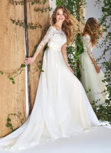 Style #1824L,off the shoulder a-line wedding dress with three-quarter length sleeves, lace over the bodice, and organza skirt, available in ivory and cream
