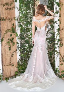 Style #1826L, off-the-shoulder fit and flare wedding dress with illusion lace long sleeves, plunging neckline, low back, and scalloped lace hem, available in light pink and ivory
